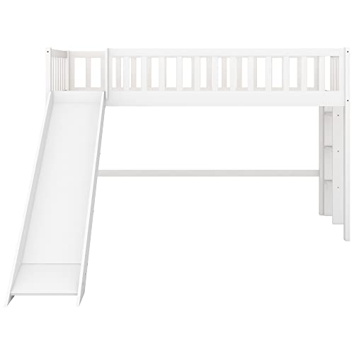 Bellemave Twin Size Low Loft Bed with Slide,Kids Loft Bed with Ladder,Wood Kids Loft Bed Twin Size for Girls Boys,White