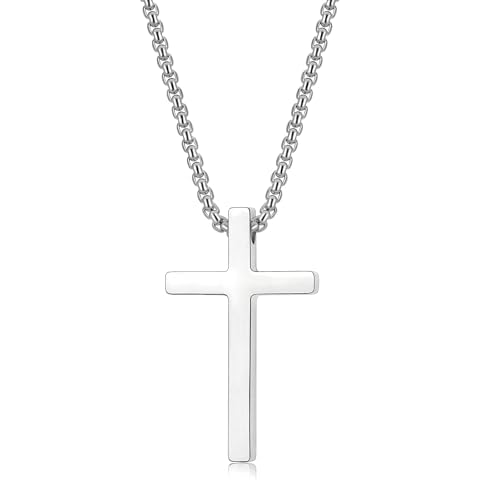 HEXALOVA Cross Necklace for Men, Cross Necklace for Women, Cross Chain for Men, Stainless Steel Cross Necklace, Silver Cross Pendant for Men, Christian Necklace, Religious Jewelry (1) Cover