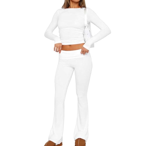Genikeer Two Piece Outfits Basic Long Sleeve Crop Tops Low Rise Fold Over Yoga Pants, Women's Lounge Flared Legging Set, Long Sleeve Top And Flare Leggings Pajamas Tracksuit