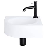 Differnz Cleo Fonteinset - Wasbak Glans wit Keramiek - Gebogen Kraan Mat Zwart - Complete Set - 30 x 30 x 10 cm