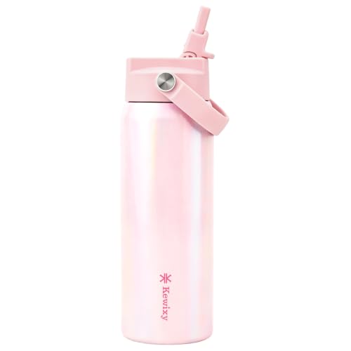 KEWIXY 24 oz Insulated Water Bottle, Easy Slide Lid, Leak Proof, Keep Cold 24H, Fits in Car Cup Holder, Vacuum Insulated Tumbler, Metal Stainless Steel with Straw and Handle, Glimmer Pink