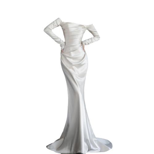 Chaoyilian Elegante Vestido De Novia De SatéN,Vestido De Novia De Corte Sirenas,Vestido De Novia Blanco con Cola,Resistente A Las Arrugas,para Banquetes,Compromisos