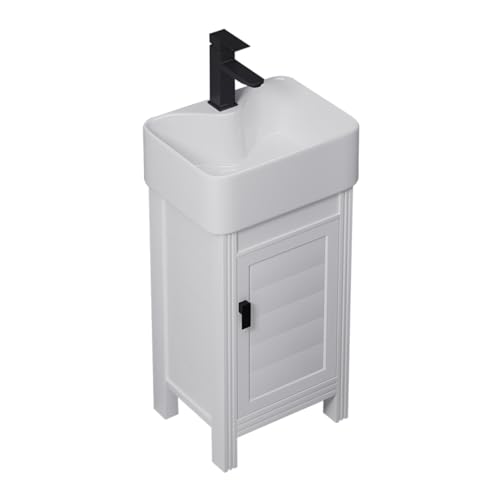 ERoomQ バスルームペデスタルシンク、1ドアメタルアルミニウムキャビネット付き小型バスルームバニティシンク、蛇口と排水キット付きセラミック洗面台トップペデスタルシンク、フロアスタンディングシンクコーム(Sサイズ)