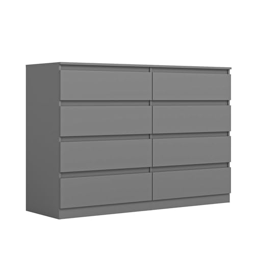 Vibe & Dine 8 Drawer Double Dresser, Modern Chest of Drawers with Wide Storage for Closet, Bedroom, Living Room, Grey
