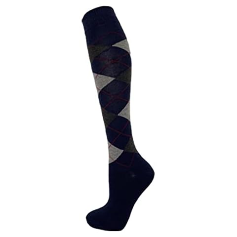 M MACAHEL LADIES MENS WOMEN UNISEX ARGYLE KNEE-HIGH MULTICOLOURED HORSE RIDING GOLF SPORTS LONG SOCKS (NAVY GREY CHARCOAL WITH RED LINE, 6-11/39-45) Cover