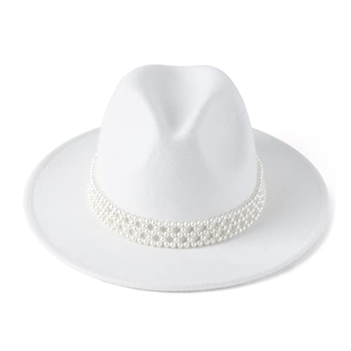 Hudanhuwei Womens Wide Brim Fedora Hat With Pearl Band Lady Panama Hat A White #TOP2