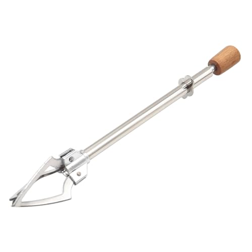 POFET Ice/Pickle Picker,Wood Handle 17cm Three-pronged Food Clip,Telescopic Ice Cube Grabber,Stainless Steel Pickle Fork Multifunctional Food Clamp with Non-Slip Handle