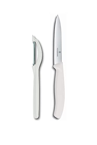 Victorinox Éplucheur universel avec lame pendulaire CUT Set pour fruits et légumes - Extra tranchant - Lame dentelée / double tranchant - Fabriqué en Suisse - Édition limitée - Blanc