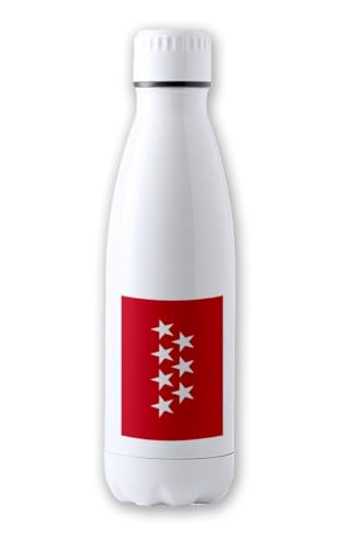 Merchandmanía Bidón Térmico aislante 500 ml acero inoxidable bandera de madrid españa comunidad autonoma tapon seguridad botella deportivo