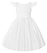 Uhnice Flower Girl Pearl Dress Flutter Sleeve V-Back Satin Dress with Bowknot for Wedding Birthday Party (White, 110/4-5 Years)