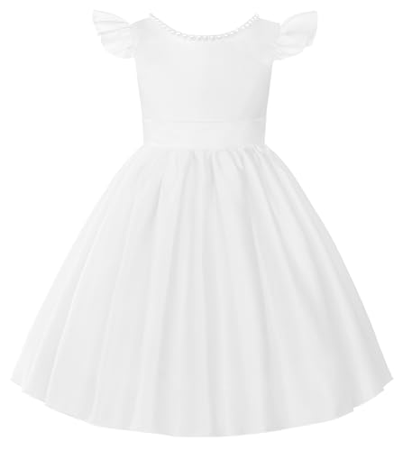 Uhnice Flower Girl Satin Dress with Pearls Flutter Sleeves V Back Gown with Removable Bow for Wedding Birthday Party2