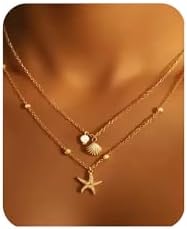 Starfish SeaShell Necklace for Women,Gold Plated Layered Turtle Shell Pearl Pendant Charm Necklaces Stack, Adjustable Stainless Steel Jewelry for Summer Beach Vacation