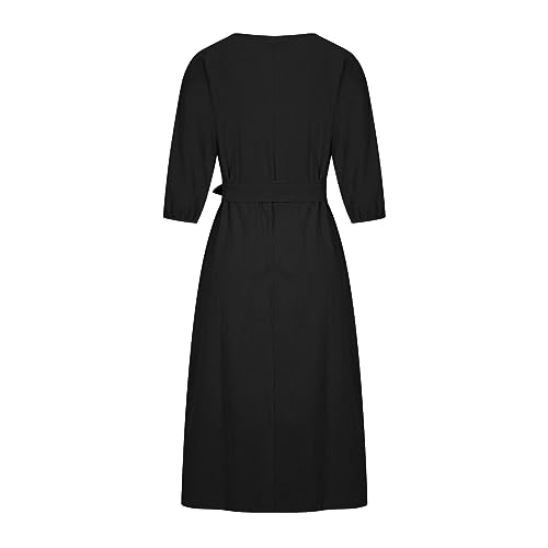 XUNRYAN Linen Dresses for Women 2024 Casual Work Office Dress Long Sleeve Tie Waist Knee Length Dress Boho Midi Dress Outfits4