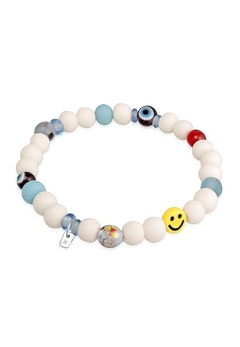 Kuzzoi Buddha Bracciale da uomo in vetro riciclato e perle in resina, elastico con Evil Eye Beads Festival gioielli, Vetro Resina Argento sterling