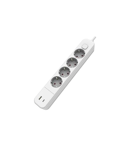 Regleta blanca de 4 enchufes con interruptor, cable de 1.5 m y 2 puertos USB A+C. Perfecta para cargar múltiples dispositivos de manera segura y eficiente en cualquier lugar.