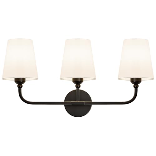 Image of Bathroom Vanity Light, Matte Black Bathroom Lighting Fixtures Over Mirror | 3-Light Bathroom Light Fixtures with Flared White Fabric Shade, E26 Socket (ETL Listed)