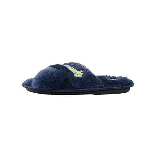 Image of FOCO Womens NFL Team Script Wordmark Fuzzy Cross Slide Slippers