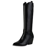  VAN HILL Damen Stiefel Cowboystiefel Schuhe Spitze Western Boots Holzoptikabsatz Freizeitstiefel 205346 Schwarz 41