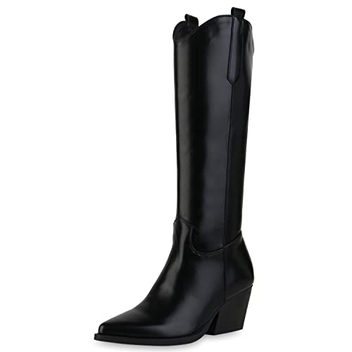VAN HILL Damen Stiefel Cowboystiefel Schuhe Spitze Western Boots Holzoptikabsatz Freizeitstiefel 205346 Schwarz 41 Cover