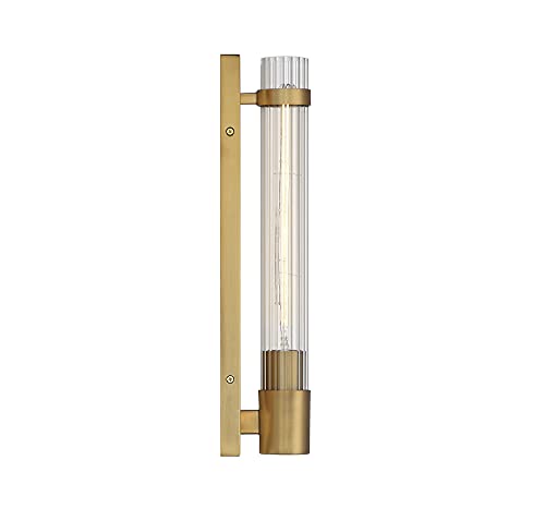 Image of Savoy House 9-996-1-322 Willmar Industrial Modern Clear Ribbed Glass Rectangular Wall Sconce, 1-Light 60 Watt, 16 inch H x 5 inch W, Warm Brass
