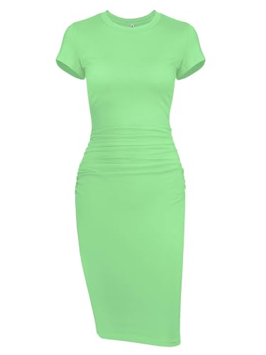 Missufeintl Women's Bodycon Ruched Short Sleeve T Shirt Midi Sundress Fitted Casual Dress (Mint Green, Large)