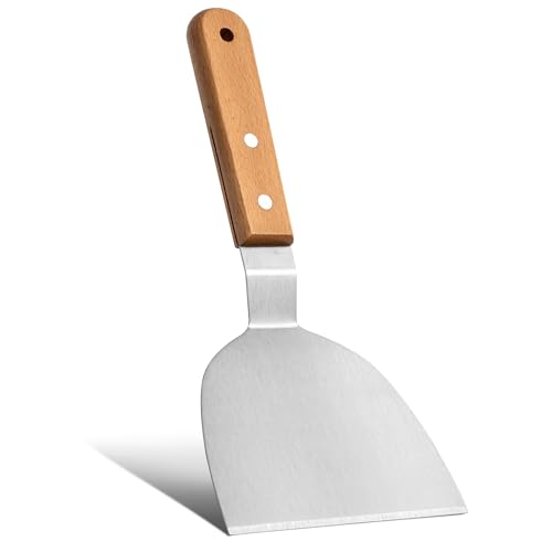 Edelstahl Pfannenwender mit Holzgriff, 26 x 10 cm, Steakspatel aus Metall, Grillspachtel, Küchenhelfer, Robuster Metallspatel für Grillen, Braten, und Pizza, Silberfarben