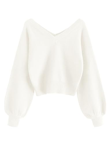 Image of ZAFUL Women's Cropped Sweater V-Neck Long Sleeve Pullover Jumper Knit Top | Crop Length, Ribbed Knit, Double V design, White sweater, Raglan sleeves, lantern sleeve, Fall & Winter, Loose fit, Oversized