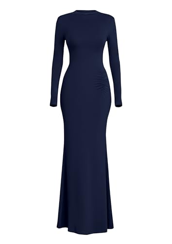 PRETTYGARDEN Fall Dresses for Women 2025 Long Sleeve Bodycon Mock Neck Ruched Maxi Formal Cocktail Wedding Guest Dress