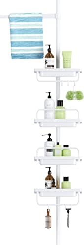 FRDECON Rustproof Shower Caddy Corner for Bathroom, 4-Tier Tension Pole Stainless Steel Shower Organizer, 56 to 115 Inch Adjustable Bathtub Shower Shelf Storage with 1 Tower Bar, All White