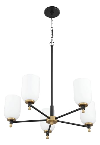Craftmade - Candelabro Council 5 Light 78.7 cm Flat Black/Satin Brass Finish com vidro fosco branco