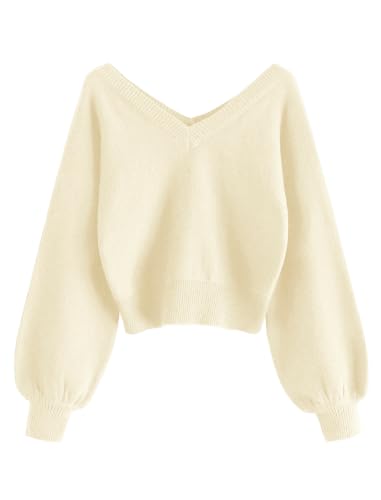 Image of ZAFUL Women's Cropped Sweater V-Neck Long Sleeve Pullover Jumper Knit Top | Crop Length, Ribbed Knit, Double V design, White sweater, Raglan sleeves, lantern sleeve, Fall & Winter, Loose fit, Oversized