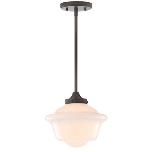 JONATHAN Y 9.5" Oil Rubbed Bronze Modern Schoolhouse LED Pendant Light Fixture, Adjustable Drop Metal Hanging Lamp with White Glass Shade for Kitchen Island, Dining Room, Foyer (JYL3517C)