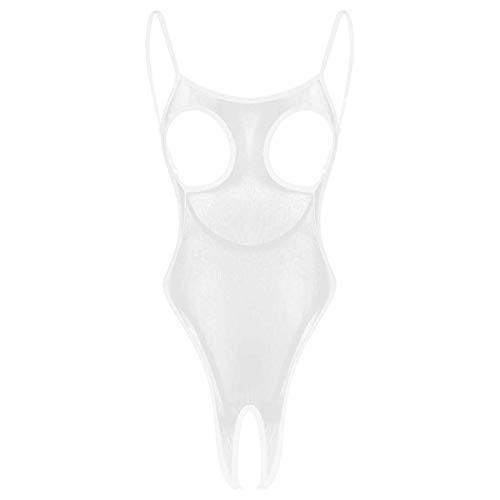 YiZYiF Femme Body Ouvert Lingerie Transparente Babydoll Maille Bodysuit Seins Nus Combinaison à Bretelle Ajustable Jumpsuit Vêtement de Nuit Blanc M