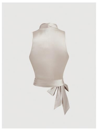 SHENHE Women's Satin Wrap Ruched Tie Side Tank Top Deep V Neck Sleeveless Elegant Blouse2