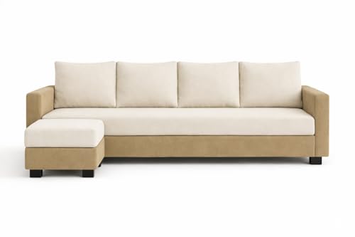 Image of SOCOZI Braven 5 Seater L Shape Sofa Set with Movable Ottoman | Flexible Layout | Soft Velvet Suede Fabric | Modern Design | Plush Comfort Cushions for Living Room (Beige-Cream)