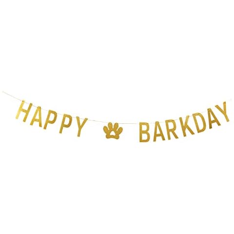 Happy Barkday Gold Glitter Dog Birthday Party Celebration Banner | Pet Rescue Adoption Puppy Paw Sign | Decorations Supplies Garland Cover