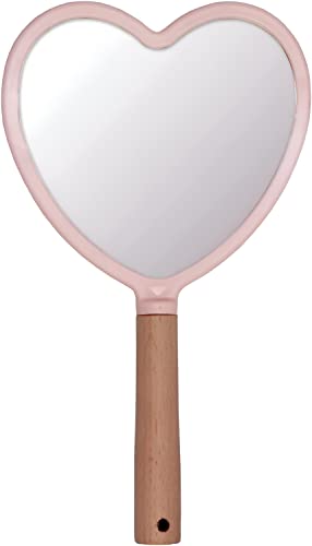 Image of Heart‑Shape Wood‑Handle Handheld Mirror - 25 x 13 cm Travel Makeup Mirror with Hanging Hole (Colour May Vary) (1, Heart)