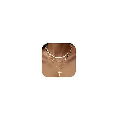 Adramata 3Pcs Collares Mujer Acero Inoxidable Collar Cadena Chapado en Oro de 14K Collares de Ajustables en Capas Apilables Collares Colgantes de Cruz/Moneda/Corazón Collar de Plata y Oro Mujer