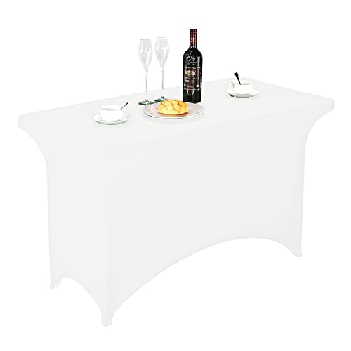 Image of FORLIFE Fitted Spandex Table Cover - 4ft Rectangular, Stretch Patio Table Cover for Wedding, Banquet, Party (White)