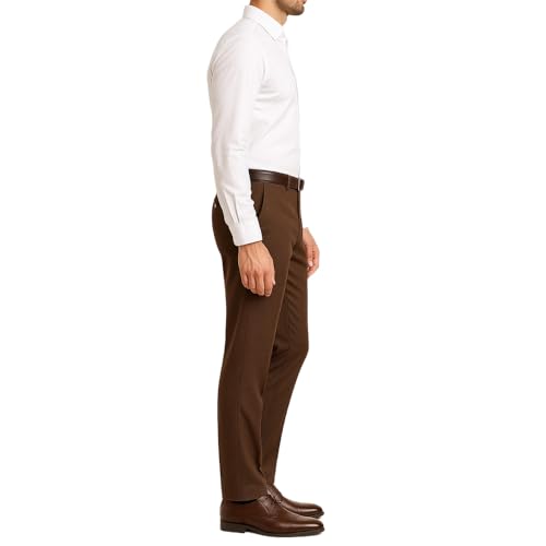 Image of Men's Formal Dress Trousers, Dark Brown, Flat Front Pants