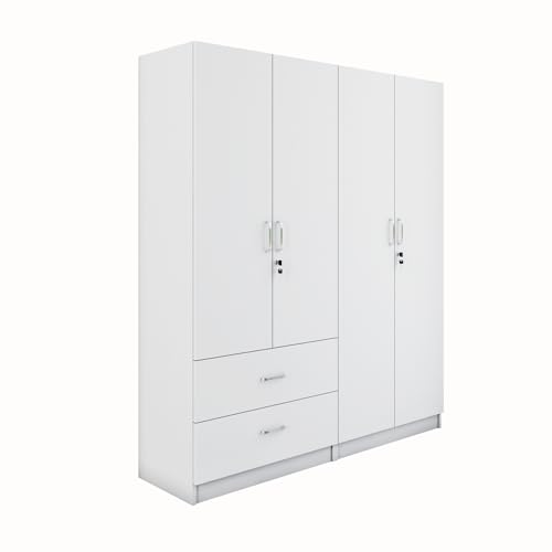 Image of VIKI Wardrobe |Wooden Almirah for 4 Door 2 Drawer with Shelves & Hanging Space Wardrobe (Frosty White - 40D x 160W x 180.8H) | 1 Year Warranty | Free Assembly
