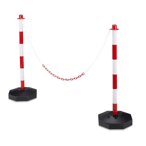 Relaxdays 2 Poteaux de signalisation et délimitation avec chaînes barrière de parking 82 x 56 x 28 cm Rouge-gris