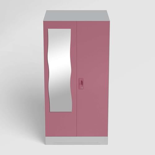 Image of Interio by Godrej Almirah Slimline 2-Door Steel Almirah, Cupboard for Clothes (Royal Ivory and Dusty Rose), 1-Year Warranty, 1 Locker, 4 Shelves and Curvilinear Mirror