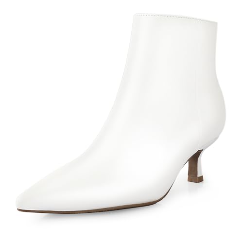 Kitten Heel Ankle Boots for Women - White Kitten Heels Ankle Booties Womens Winter Fall Boots for Women 2025, Dress Shoes, Pointed Toe, Side Zipper, Memory Foam, Leather, Low Heel, Short Boots Comfortable(White 6)