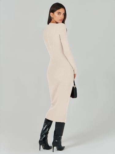 Image of ANRABESS Women Long Sleeve Sweater Dress Crewneck Bodycon Stretch Slim Fit Ribbed Knit Midi Dresses 2025 Fall Trendy Outfits
