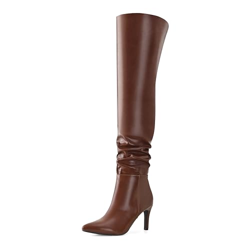 Shoe'N Tale Thigh High Boots for Women Over The Knee Stiletto Heel Pointed Toe Long Sexy Boots(5,Brown Pu)