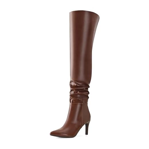 Shoe'N Tale Botas de cano alto femininas acima do joelho salto agulha bico fino botas longas sexy, Marrom PU, 35