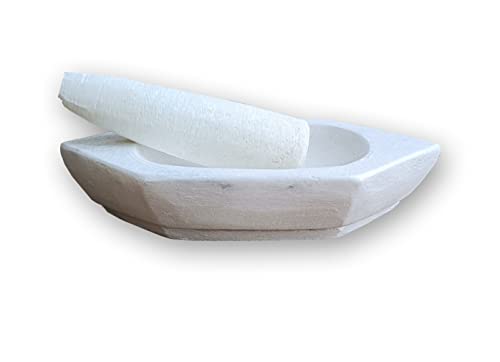 Image of HeeMo Marble Imam Dasta, Mortar and Pestle Set, Ohkli Musal, Kharal or khalbatta (Hexagon Shape 7 Inches)