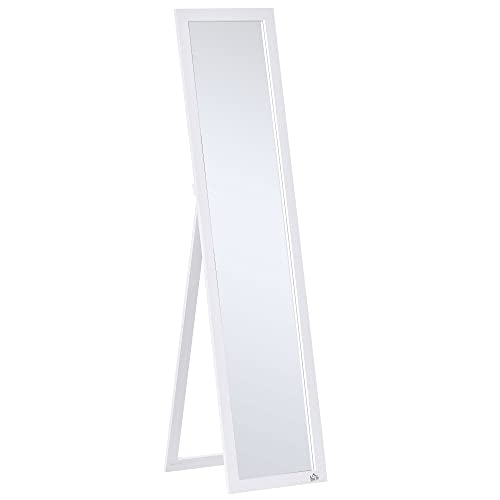 HOMCOM Specchio da Terra con Supporto Richiudibile, 37x154 cm Specchio Verticale con Cornice, Fori Per Montaggio a Parete e Pellicola Anti Esplosione, per Camera da Letto, Soggiorno, Ingresso, Bianco