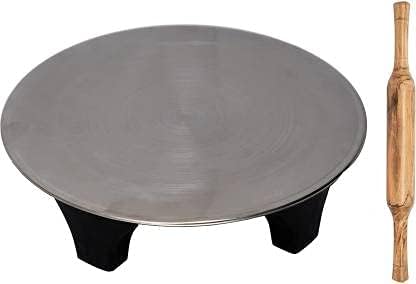 New Stainless Steel Chakla And Wooden Belan Set Rolling Pin & Board (Silver, Pack of 1) By Indian Collectible